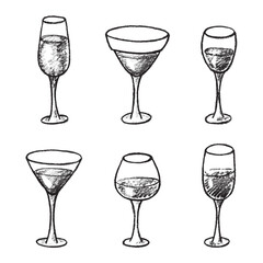 Set of hand drawn wine and champagne glasses Alcohol drink clipart in doodle style Single element for print, web, design, decor Happy New Year