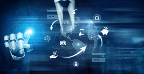 Fototapeta premium AI facilitates real-time digital payment systems, connecting global financial services with security, speed, and smarter transaction experiences across mobile and cloud platforms Vouch