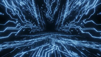 Futuristic Digital Cyberspace Tunnel with Glowing Blue Circuit Lines. - Powered by Adobe