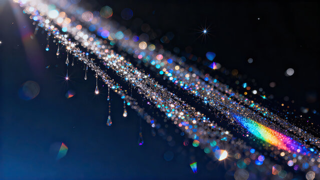 Cascade of iridescent glitter rain falls on dark surface, creating mesmerizing display of light and color. droplets sparkle with rainbow effect, adding magical touch