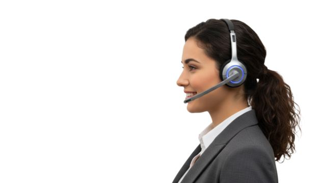 Portrait of a woman wearing a headset against an isolated transparent background.