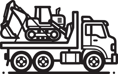 Naklejka premium Modern construction transport illustration: Heavy equipment loaded on truck, vector style for industrial designs and building projects, scalable