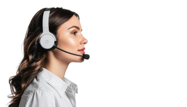Portrait of a woman wearing a headset against an isolated transparent background. - Powered by Adobe