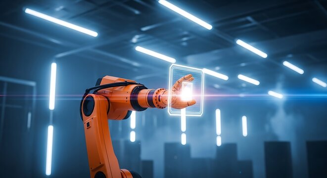Orange robotic arm interacting with glowing interface