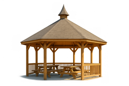 Wooden gazebo pavilion structure featuring picnic tables, isolated on transparent background, providing outdoor shade and leisure in a park setting