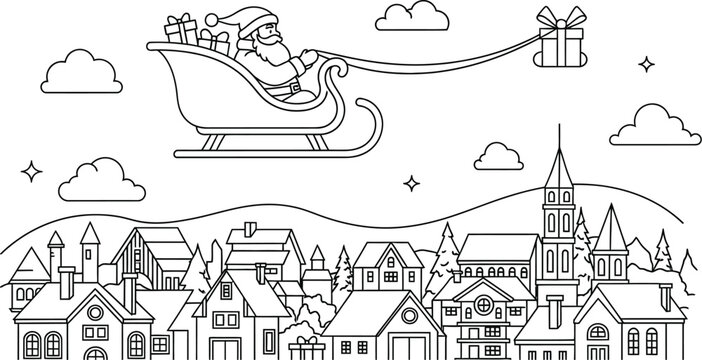 Santa claus sleigh christmas gifts town rooftops clouds stars holiday joy - Powered by Adobe