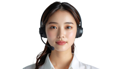 Portrait of a woman wearing a headset against an isolated transparent background.