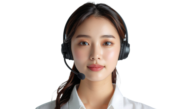 Portrait of a woman wearing a headset against an isolated transparent background.