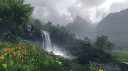 Obraz premium Ephemeral waterfall after a heavy rain, coursing through a usually dry ravine, fresh vegetation, dramatic clouds