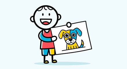 Stick figure boy holding up a drawing of a dog with yellow and blue coloring on a white background