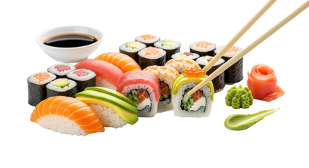 Assorted Sushi Rolls and Nigiri with Wasabi Soy Sauce and Pickled Ginger isolated on Transparent Background