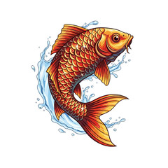 Vibrant orange koi fish leaping dynamically through splashing water isolated on transparent background