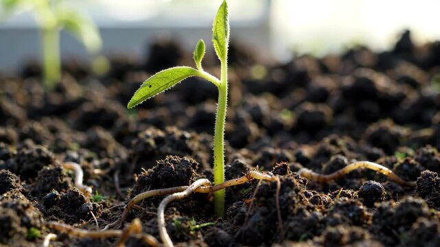 Macroscopic picture of seedling growth in the soil New shoots breaking out of the soil