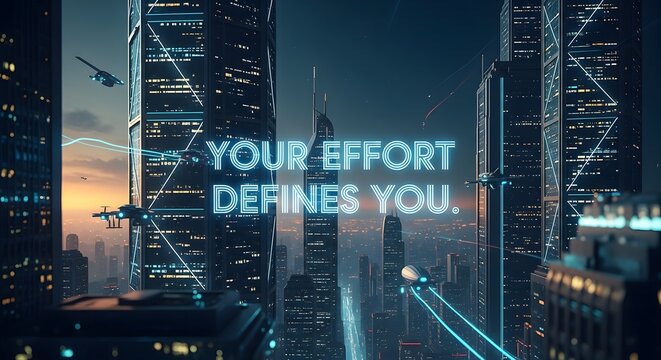A futuristic cityscape at dusk with illuminated skyscrapers and a digital overlay displaying the motivational message 'Your effort defines you' in glowing blue text - Powered by Adobe