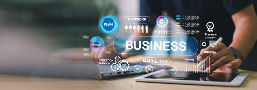 Business strategy and digital marketing concept with analytics dashboard, teamwork, goals, and growth data visualization on virtual screen, innovation and planning. - Powered by Adobe