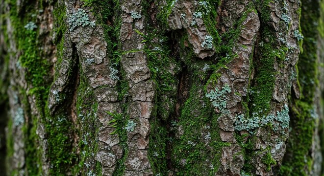 Textured Canopy: A close-up reveals the rugged beauty of a tree's bark, its intricate texture and vibrant green moss evoke a sense of the ancient world, teeming with life and growth. - Powered by Adobe