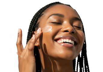 Woman applying skincare product isolated on transparent background