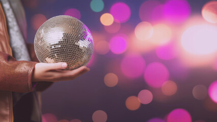 Person with disco ball and colorful lights, created AI