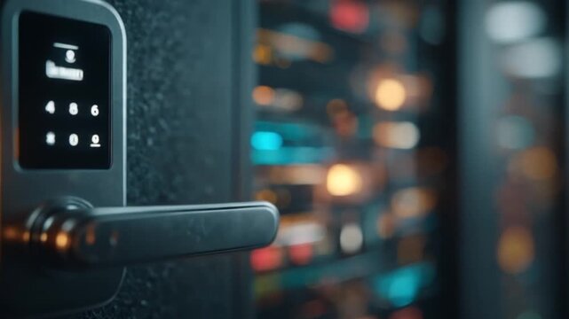 Close-up of a modern digital lock and handle against a blurred background of colorful lights
