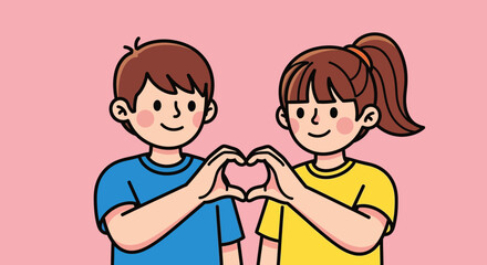 Cartoon of a boy and girl making a heart shape with their hands against a pink colored background