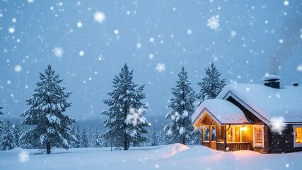 Peaceful snowy cabin escape offers copy space for winter holiday marketing, serene getaway video