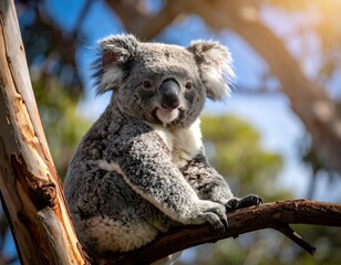 Fototapeta premium Close-up of a koala bear perched on a tree branch, sunny backdrop