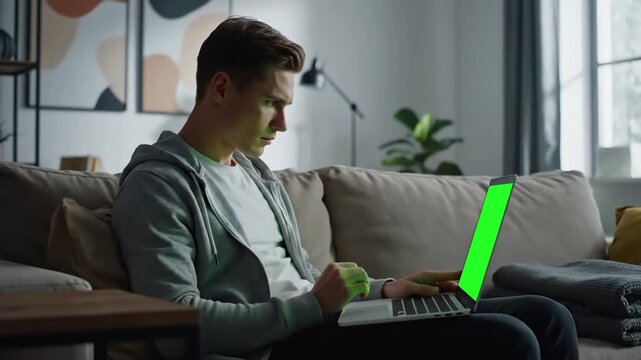 Green Screen young adult analyzing laptop display with in living room using mockup template isolated copy space and blank chrma key background on computer remote school student scene 2 distortion