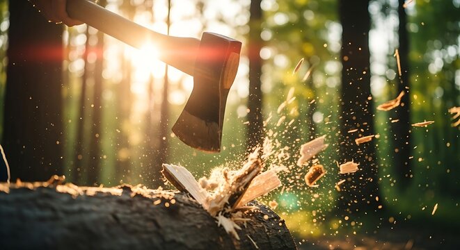 Chopping wood in golden forest sunlight image