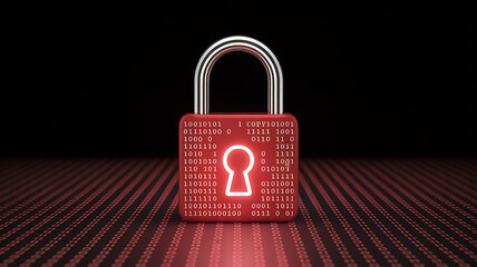 Red padlock with binary code on a digital data background security privacy