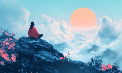 Meditation scene with a woman sitting on a rock beside a lake, embodying mindfulness, relaxation, and spiritual reflection. The tranquil landscape provides an ideal backdrop, Generative AI