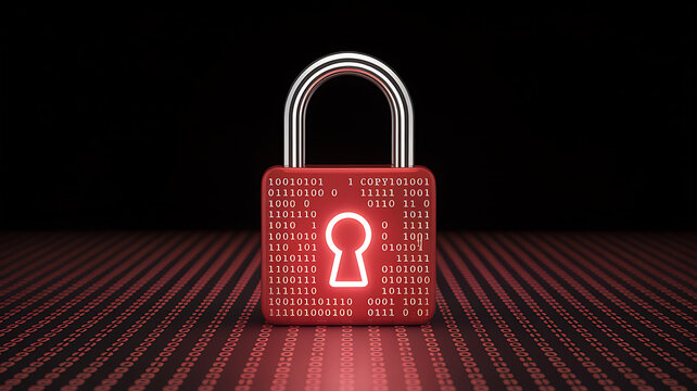 Red padlock with binary code on a digital data background security privacy