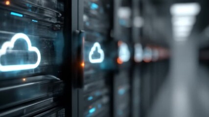 Glowing cloud icon on server racks in a dark data center - Powered by Adobe