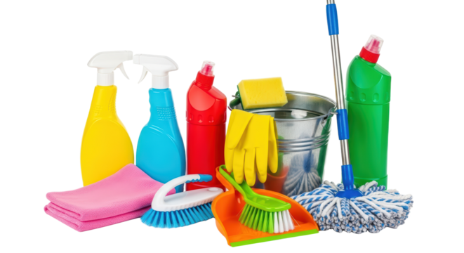 Assortment Of Cleaning Supplies Including Sprayers Bucket Mop And Brushes isolated on Transparent Background