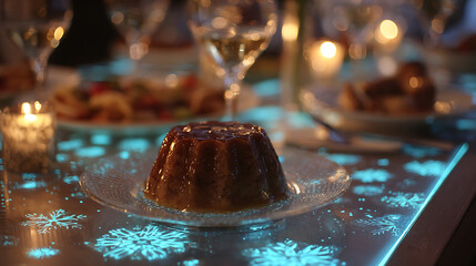 Festive dessert on glowing table with illuminated snowflake patterns, elegant holiday dinner setting with candles
