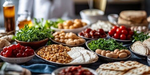 Traditional Jewish Passover food arranged on a table with plenty of copy space. The image focuses on cultural heritage and religious observance, highlighting the significance Passover, Generative AI
