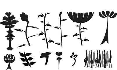 Vector Collection of Stylized Black Plant and Flower Silhouettes for Modern Organic Design Elements