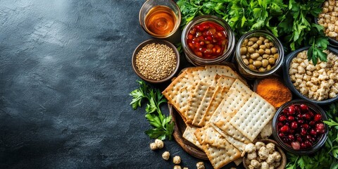 Traditional Jewish Passover food arranged on a table with plenty of copy space. The image focuses on cultural heritage and religious observance, highlighting the significance Passover, Generative AI