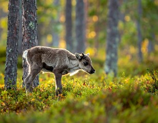 Baby deer in a forest, bathed in sunlight