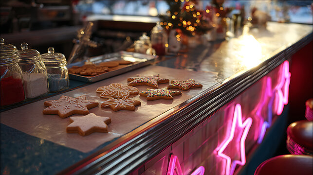 Colorful star-shaped cookies sit on a decorative countertop in a lively cafe, surrounded by festive decorations. The warm lighting enhances the cheerful atmosphere of the space.