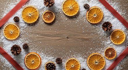 Rustic Festive Dried Orange Slice with Pinecone and Ribbon Still Life