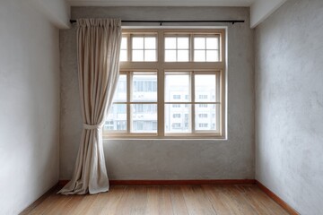 Obraz premium Neutral toned room with a large window and draped fabric.