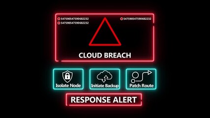 Cloud breach response notification on digital interface in data center server room with isolate node initiate backup patch route options.computer hacking attack warning message .4k video - Powered by Adobe