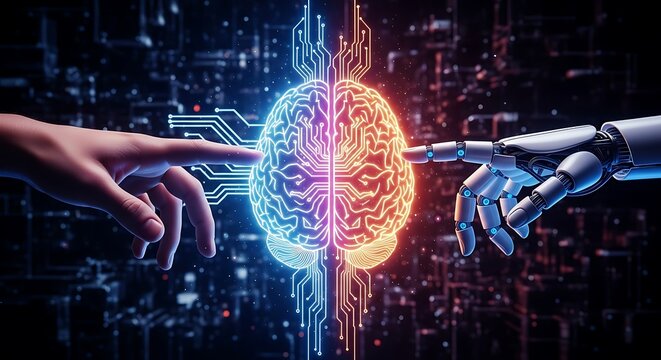 Human robot connection digital brain human hand robot hand