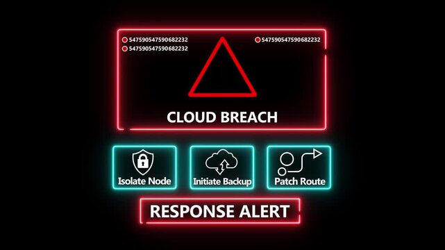 Cloud breach response notification on digital interface in data center server room with isolate node initiate backup patch route options.computer hacking attack warning message .4k video - Powered by Adobe