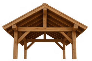 Wooden gazebo roof structure with natural timber beams providing outdoor shelter on transparent background