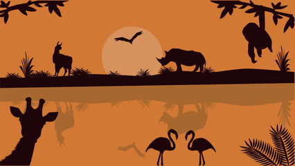 African sunset with wild animal silhouettes