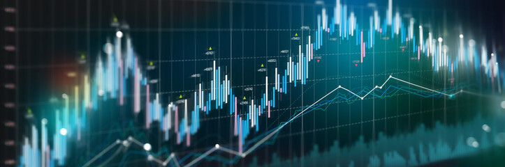 A ready to use background of financial charts and diagrams with contrasting blue lines representing declining rates and shares