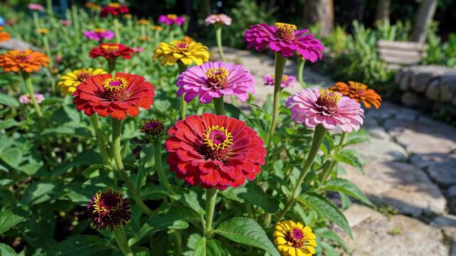 Close-up of colorful flowers Blooming colorful zinnias