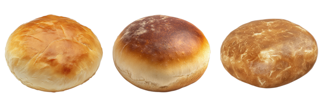 Three freshly baked golden brown bread rolls lined up. Each bread roll presents with a unique crust