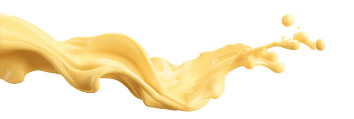 Pale light mango yellow creamy liquid splash isolated PNG cutout, transparent background. Dynamic milky pastel color spill presentation for drink or cosmetic care cream